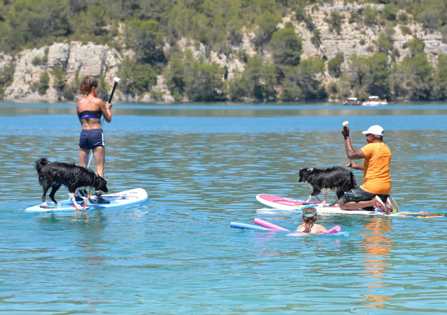 deux personnes et leur chien sur deux paddle